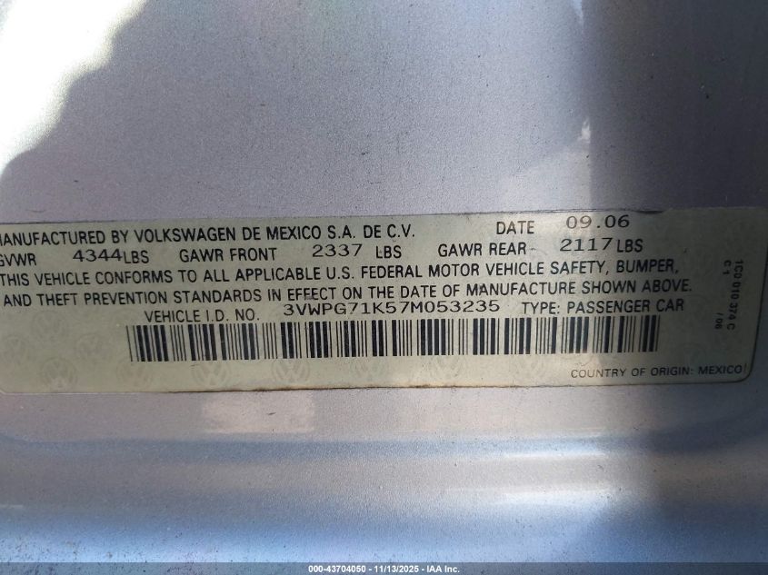2007 Volkswagen Jetta 2.5 VIN: 3VWPG71K57M053235 Lot: 43704050