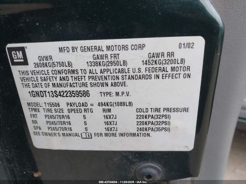 2005 Chevrolet Trailblazer Ls VIN: 1GNDT13SX52210300 Lot: 43704054