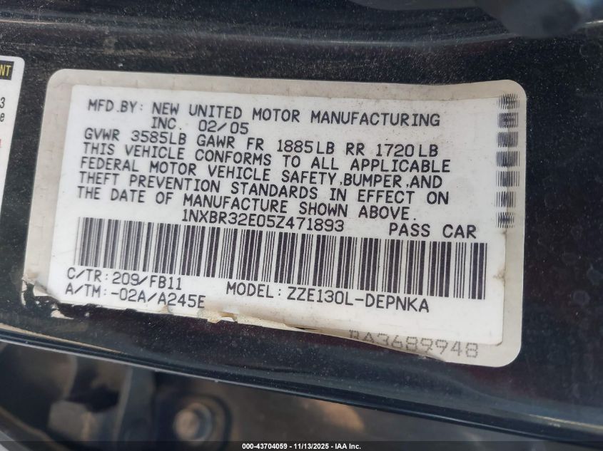 2005 Toyota Corolla Le VIN: 1NXBR32E05Z471893 Lot: 43704059