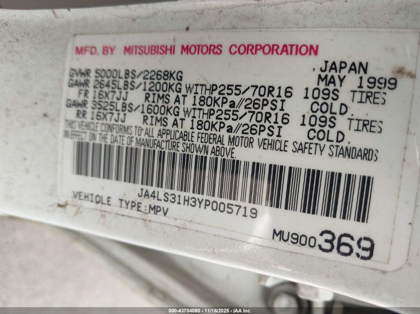 2000 Mitsubishi Montero Sport Ls/Xls VIN: JA4LS31H3YP005719 Lot: 43704060