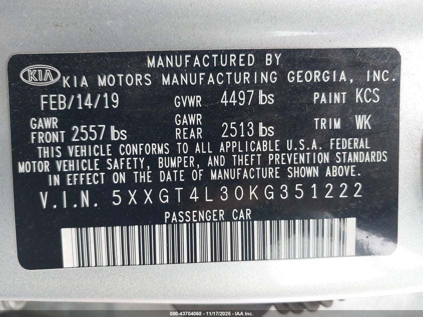 5XXGT4L30KG351222 2019 KIA OPTIMA photo no. 9