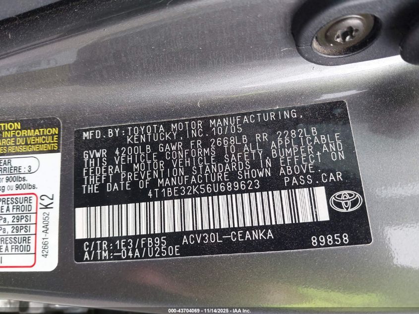 2006 Toyota Camry Le VIN: 4T1BE32K56U689623 Lot: 43704069