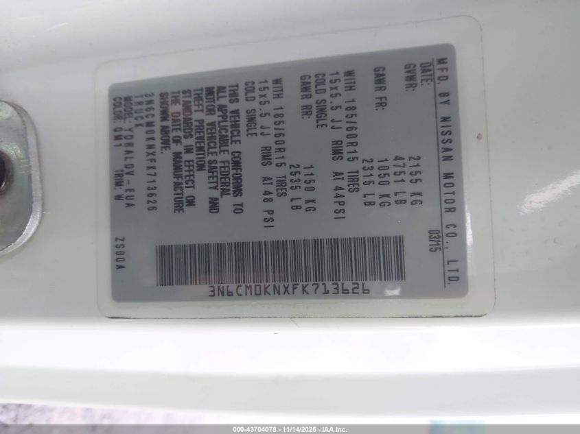 2015 Nissan Nv200 S VIN: 3N6CM0KNXFK713626 Lot: 43704078