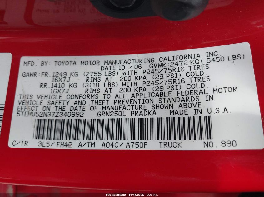 2007 Toyota Tacoma Base V6 VIN: 5TEMU52N37Z340992 Lot: 43704092
