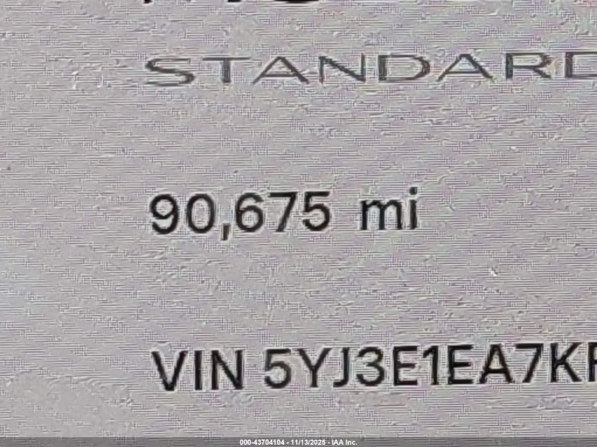 2019 Tesla Model 3 Long Range/Mid Range/Standard Range/Standard Range Plus VIN: 5YJ3E1EA7KF305781 Lot: 43704104
