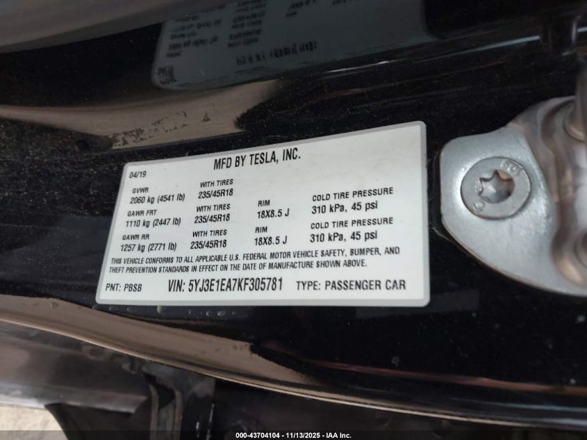 2019 Tesla Model 3 Long Range/Mid Range/Standard Range/Standard Range Plus VIN: 5YJ3E1EA7KF305781 Lot: 43704104