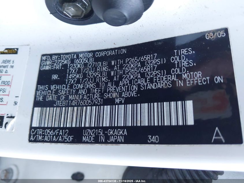 2006 Toyota 4Runner Sr5 V8 VIN: JTEBT14R760057931 Lot: 43704138