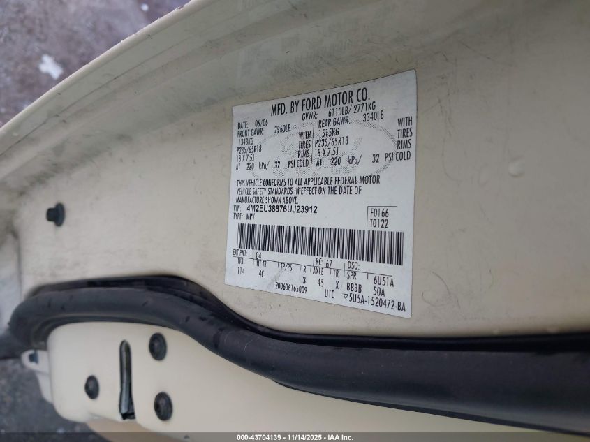 2006 Mercury Mountaineer Premier VIN: 4M2EU38876UJ23912 Lot: 43704139