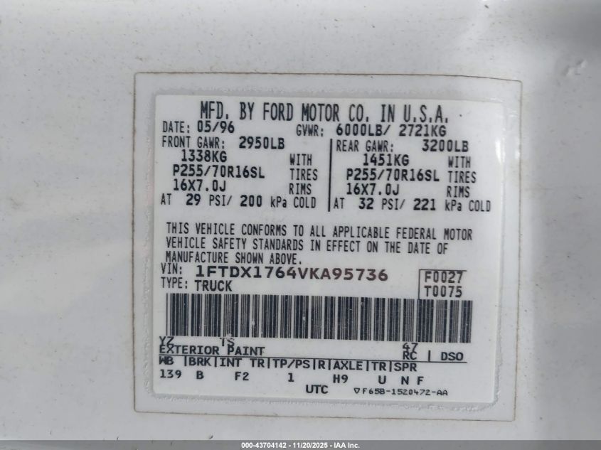 1997 Ford F-150 Lariat/Standard/Xl/Xlt VIN: 1FTDX1764VKA95736 Lot: 43704142