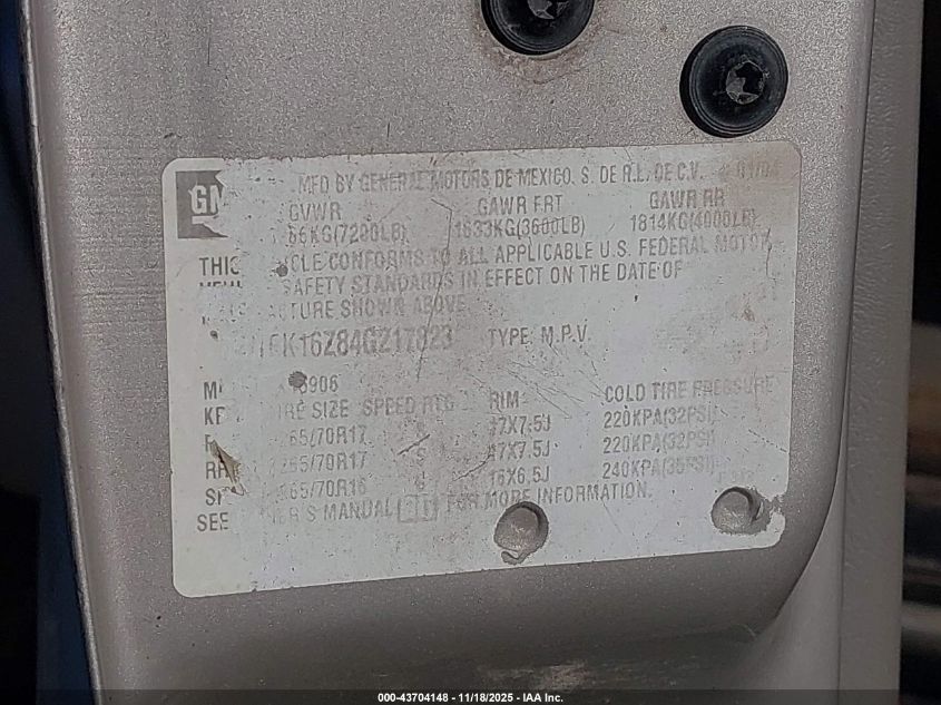 2004 Chevrolet Suburban 1500 Lt VIN: 3GNFK16Z84G217823 Lot: 43704148