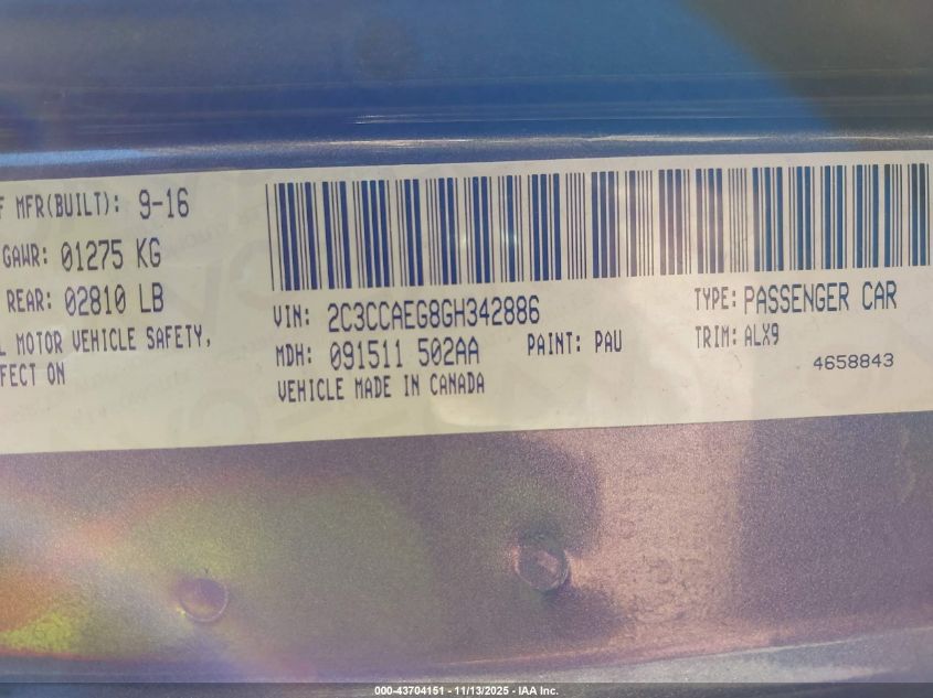 2016 Chrysler 300C VIN: 2C3CCAEG8GH342886 Lot: 43704151