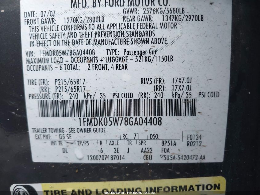 2008 Ford Taurus X Sel VIN: 1FMDK05W78GA04408 Lot: 43704158