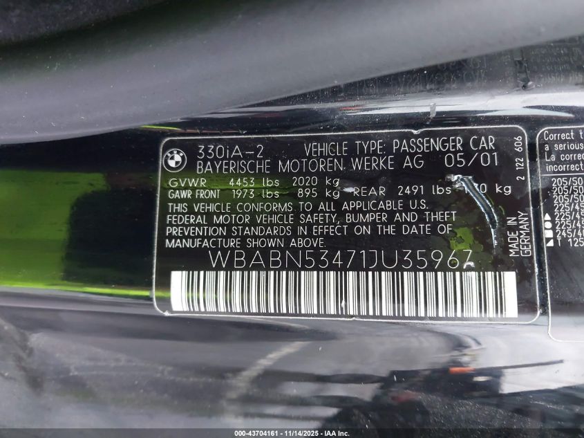 2001 BMW 330Ci VIN: WBABN53471JU35967 Lot: 43704161