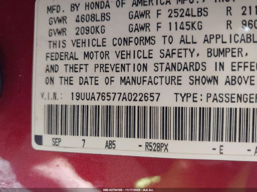 2007 Acura Tl VIN: 19UUA76577A022657 Lot: 43704165