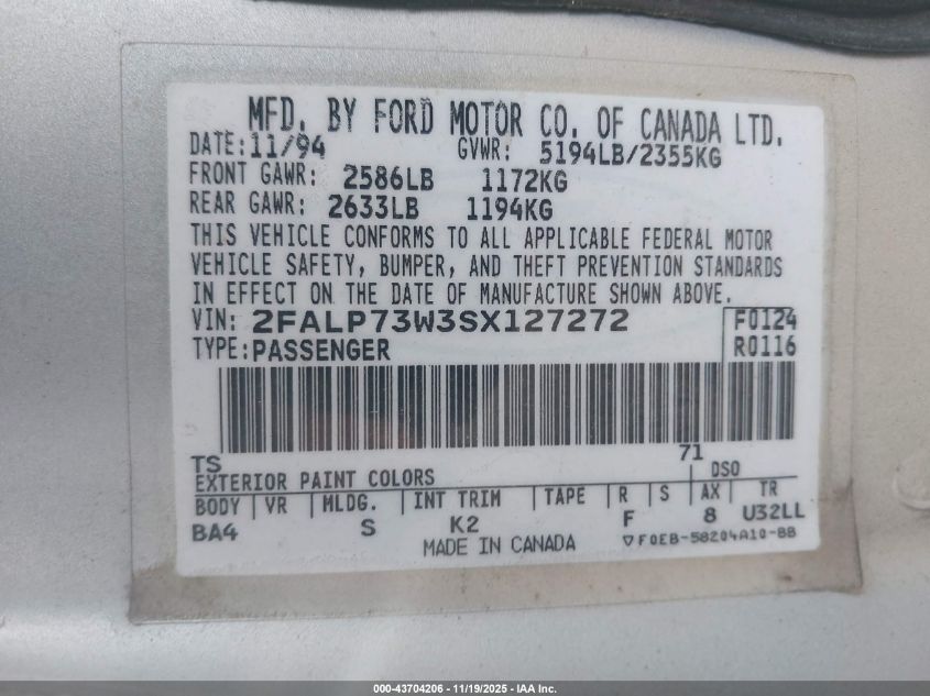 1995 Ford Crown Victoria VIN: 2FALP73W3SX127272 Lot: 43704206