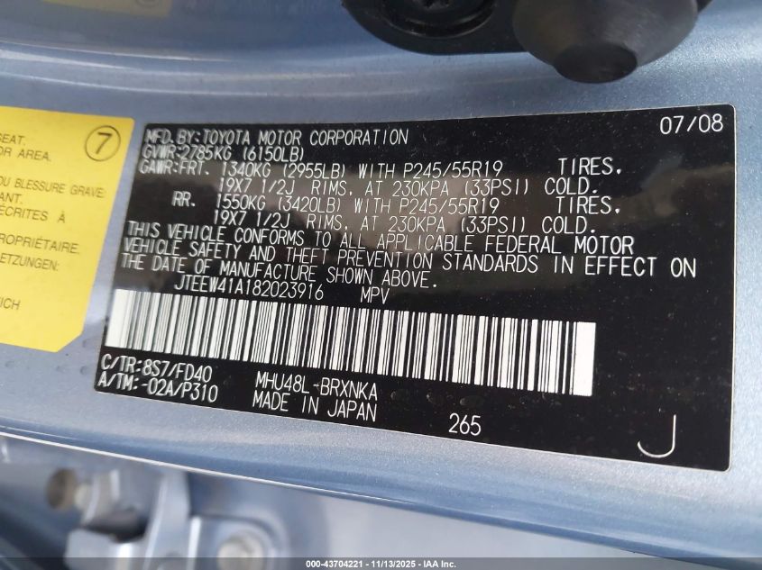 2008 Toyota Highlander Hybrid VIN: JTEEW41A182023916 Lot: 43704221