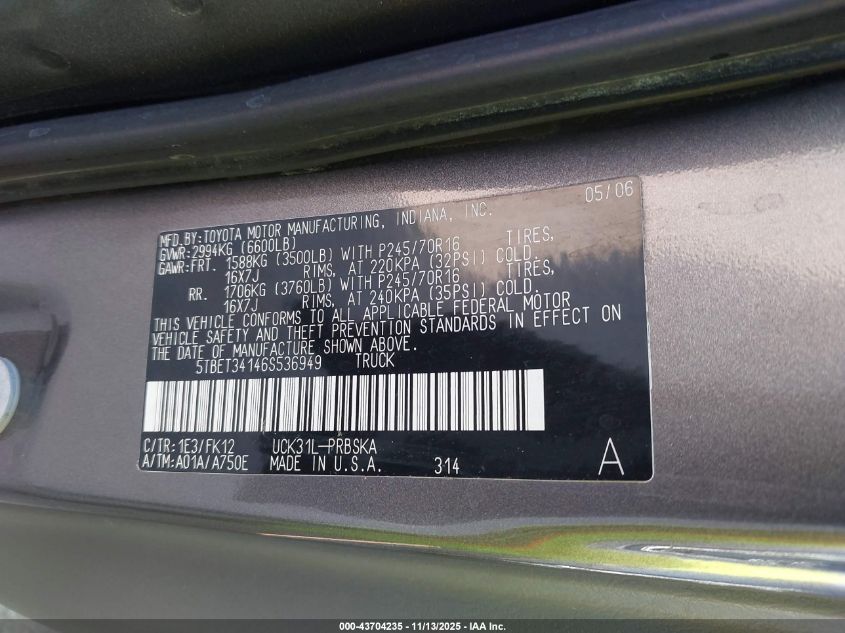 2006 Toyota Tundra Sr5 V8 VIN: 5TBET34146S536949 Lot: 43704235