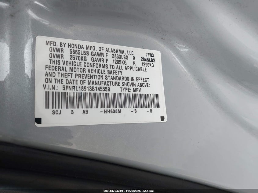 5FNRL18913B145559 2003 HONDA ODYSSEY photo no. 9