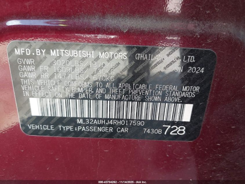 2024 Mitsubishi Mirage Es/Le VIN: ML32AUHJ4RH017590 Lot: 43704262