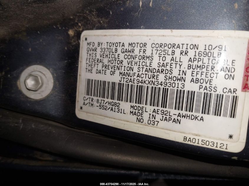 1992 Toyota Corolla Dlx VIN: JT2AE94KXN3493013 Lot: 43704298