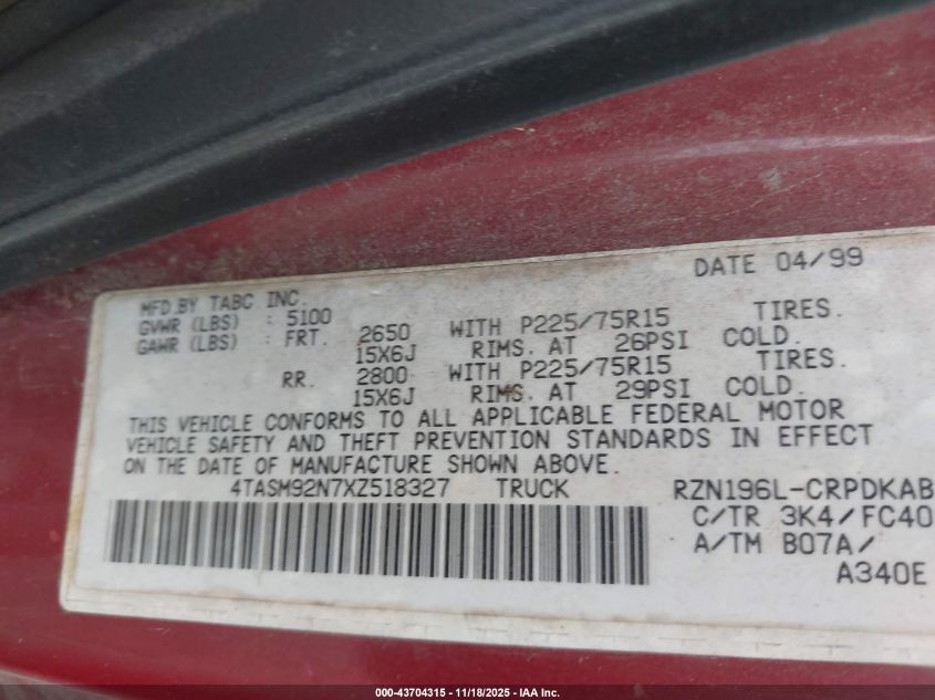1999 Toyota Tacoma Prerunner VIN: 4TASM92N7XZ518327 Lot: 43704315
