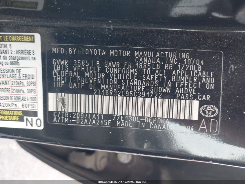 2005 Toyota Corolla Ce VIN: 2T1BR32E95C391722 Lot: 43704325