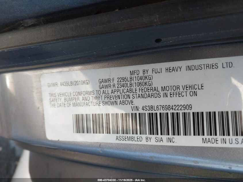 2008 Subaru Legacy 2.5Gt Limited VIN: 4S3BL676984222909 Lot: 43704330