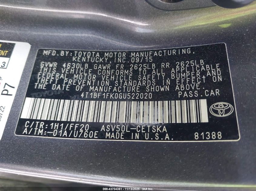 2016 Toyota Camry Se VIN: 4T1BF1FK0GU522020 Lot: 43704361