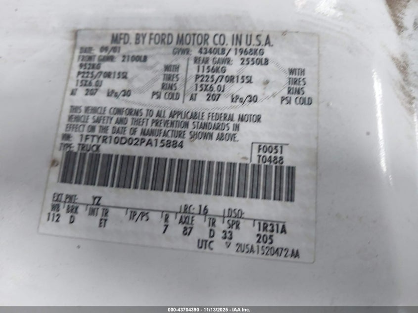 2002 Ford Ranger Xl/Xlt VIN: 1FTYR10D02PA15884 Lot: 43704390