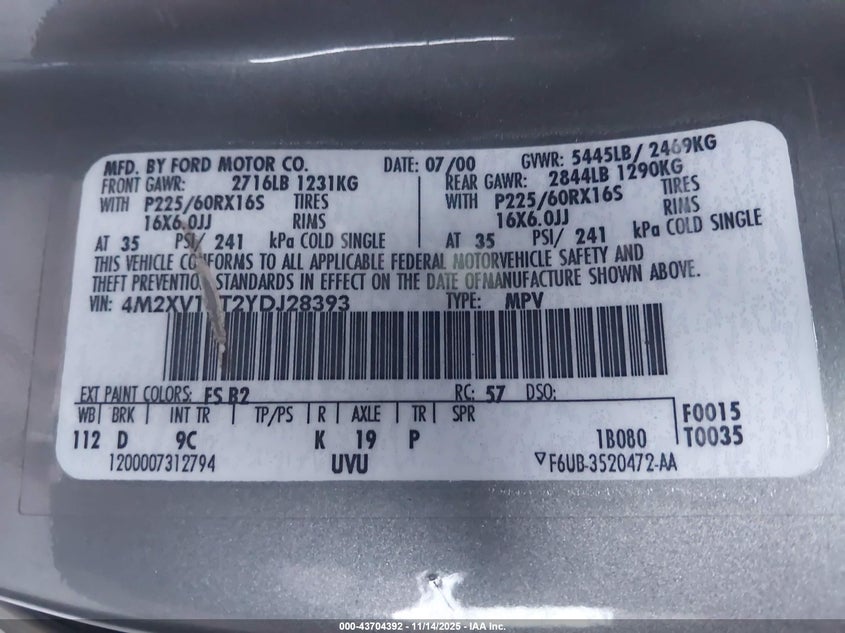 2000 Mercury Villager Estate VIN: 4M2XV14T2YDJ28393 Lot: 43704392