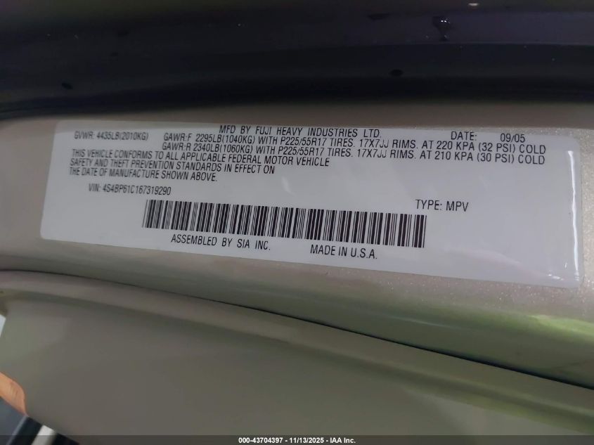 2006 Subaru Outback 2.5I VIN: 4S4BP61C167319290 Lot: 43704397