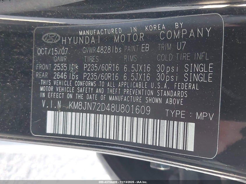 2008 Hyundai Tucson Limited V6/Se VIN: KM8JN72D48U801609 Lot: 43704409