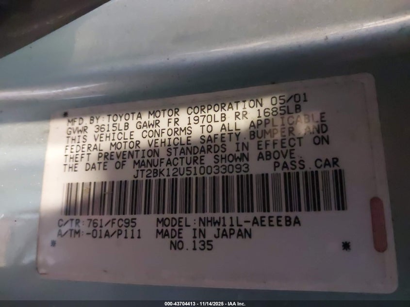 2001 Toyota Prius VIN: JT2BK12U510033093 Lot: 43704413