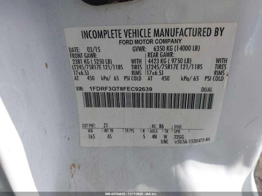 2015 Ford F-350 Chassis Xl VIN: 1FDRF3GT8FEC92639 Lot: 43704419