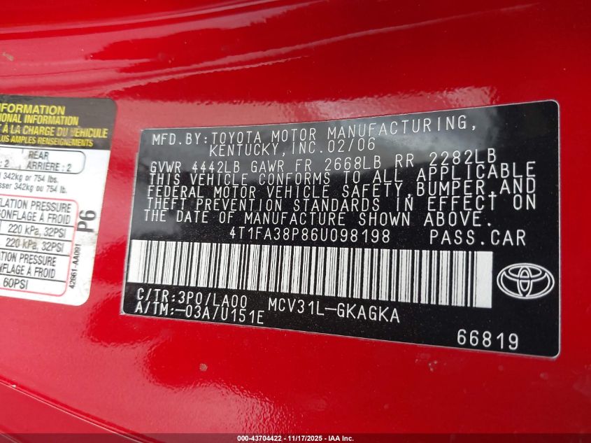 2006 Toyota Camry Solara Sle VIN: 4T1FA38P86U098198 Lot: 43704422