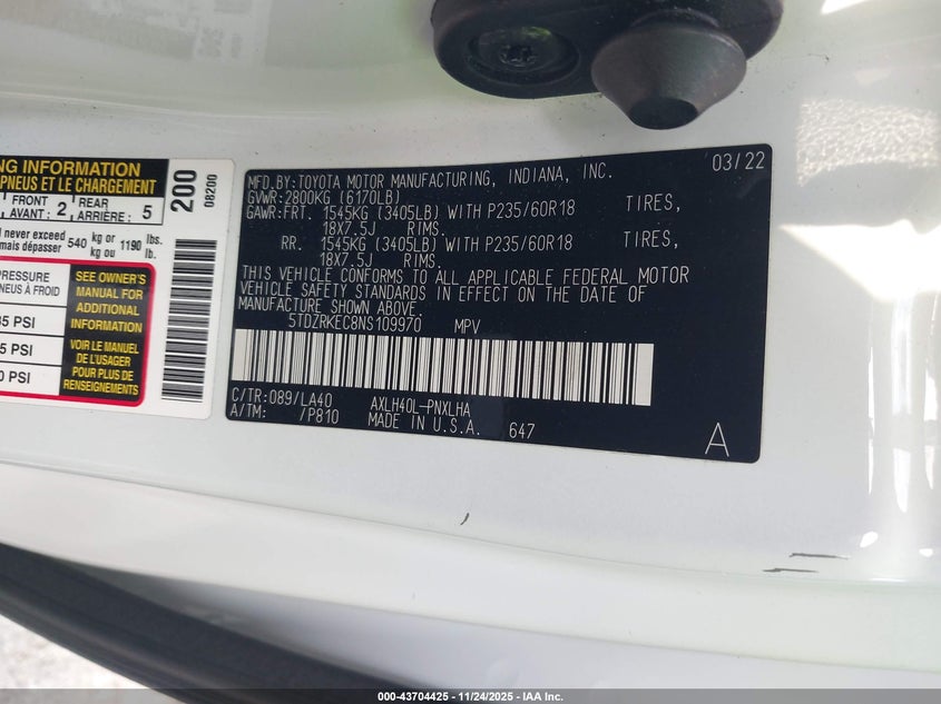 2022 Toyota Sienna Limited/Platinum VIN: 5TDZRKEC8NS109970 Lot: 43704425