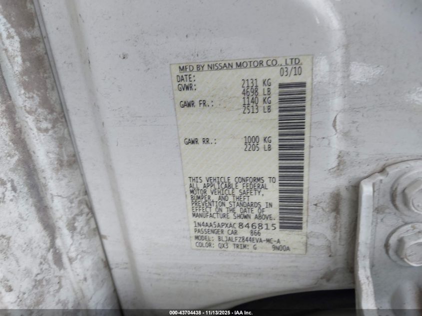 2010 Nissan Maxima 3.5 Sv VIN: 1N4AA5APXAC846815 Lot: 43704438