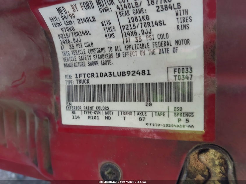 1990 Ford Ranger VIN: 1FTCR10A3LUB92481 Lot: 43704443