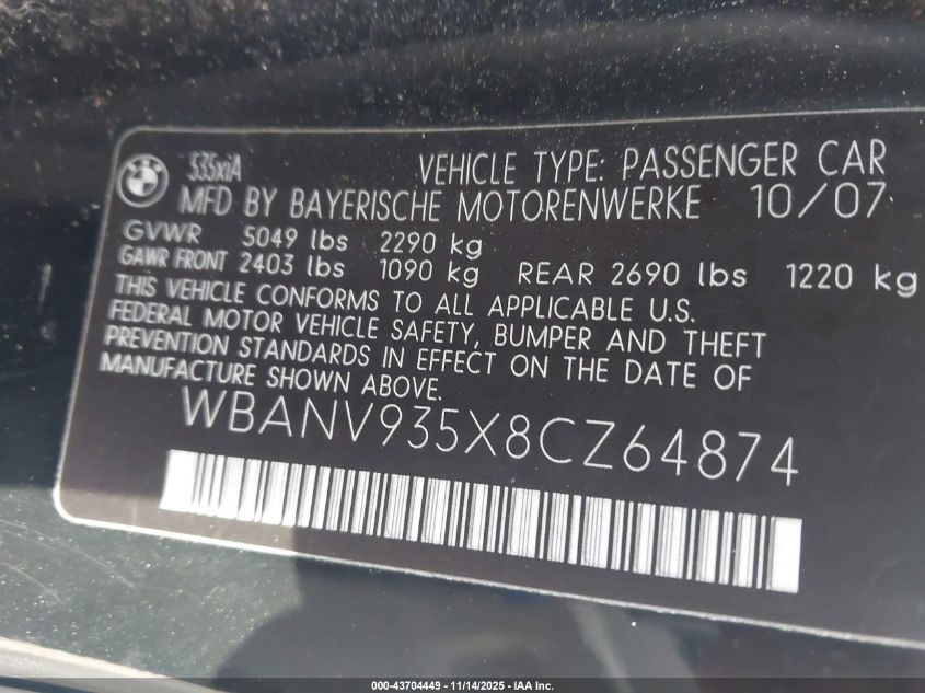 2008 BMW 535Xi VIN: WBANV935X8CZ64874 Lot: 43704449