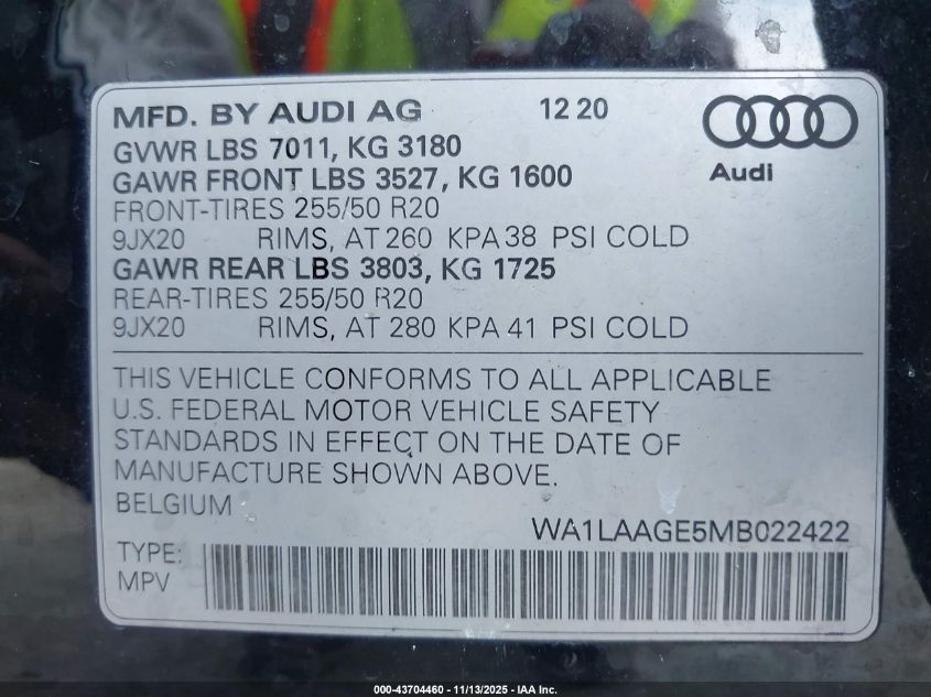 2021 Audi E-Tron Premium Plus Quattro VIN: WA1LAAGE5MB022422 Lot: 43704460