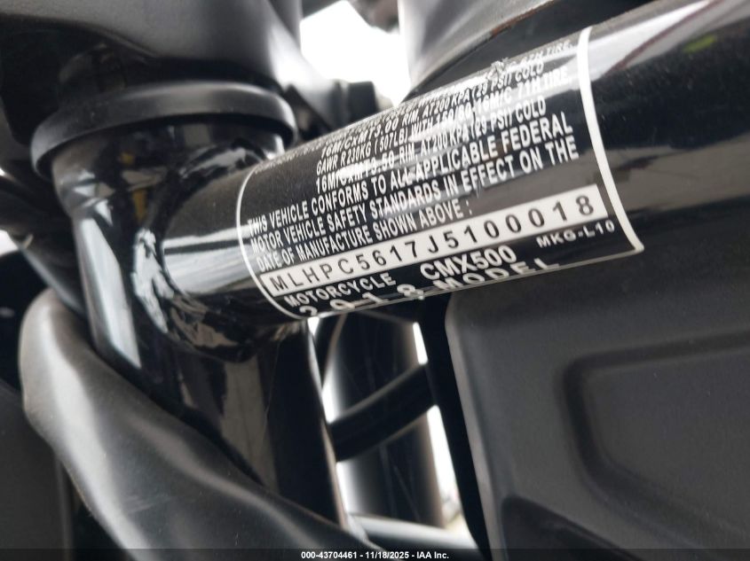 2018 Honda Cmx500 VIN: MLHPC5617J5100018 Lot: 43704461