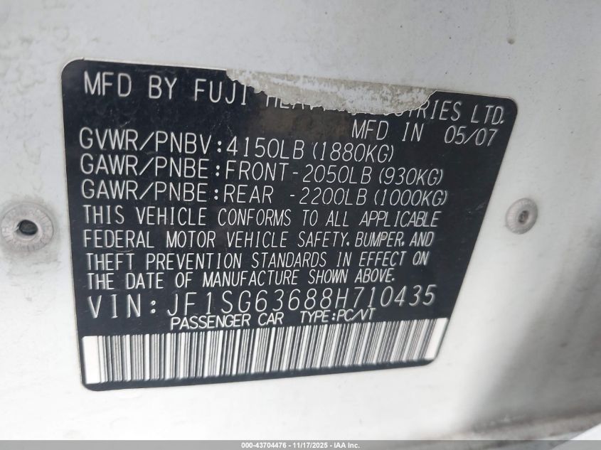 2008 Subaru Forester 2.5X VIN: JF1SG63688H710435 Lot: 43704476