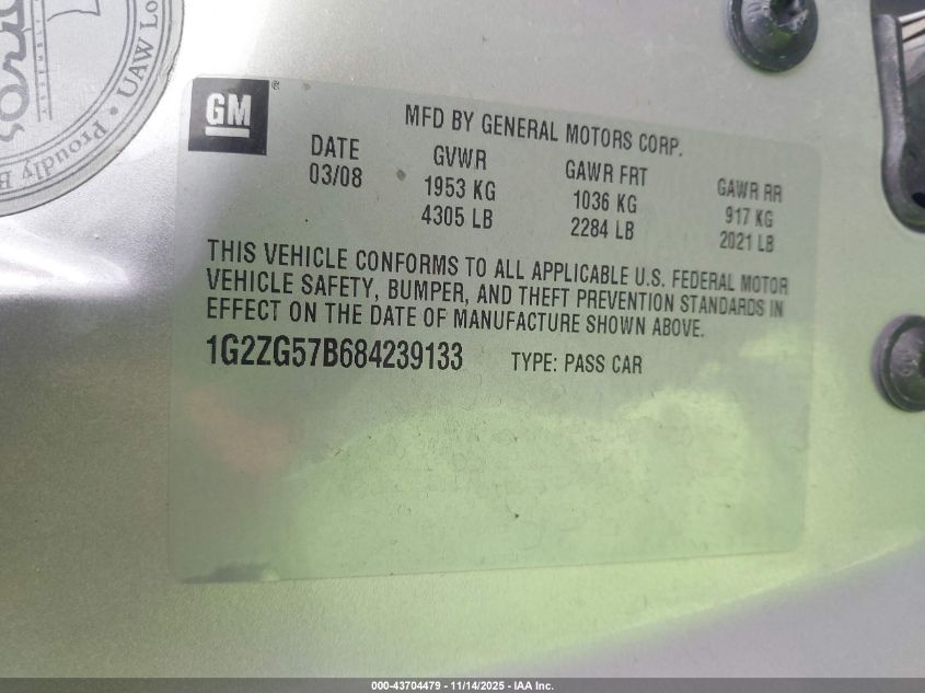 2008 Pontiac G6 VIN: 1G2ZG57B684239133 Lot: 43704479