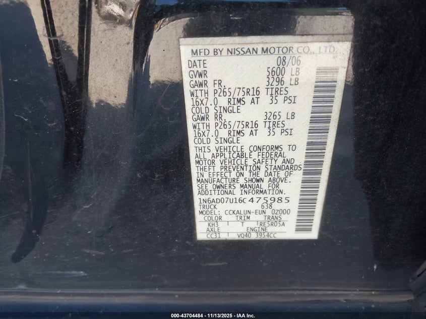 1N6AD07U16C475985 2006 NISSAN NAVARA (FRONTIER) photo no. 9