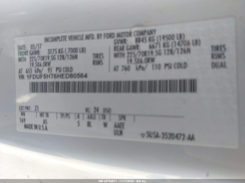 2017 Ford F-550 Chassis Xl VIN: 1FDUF5HT6HED80564 Lot: 43704511