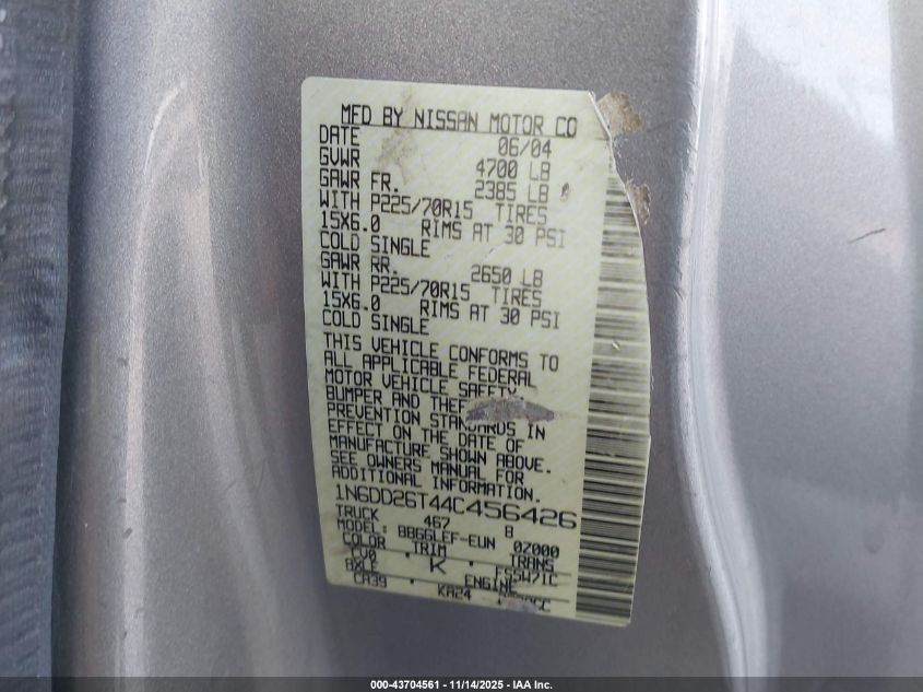 2004 Nissan Frontier Standard VIN: 1N6DD26T44C456426 Lot: 43704561