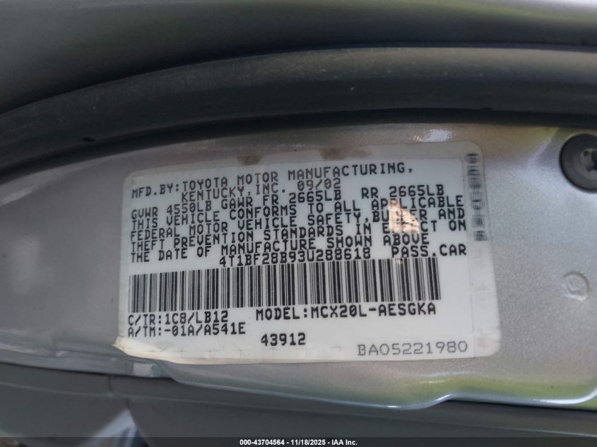 2003 Toyota Avalon Xls VIN: 4T1BF28B93U288618 Lot: 43704564