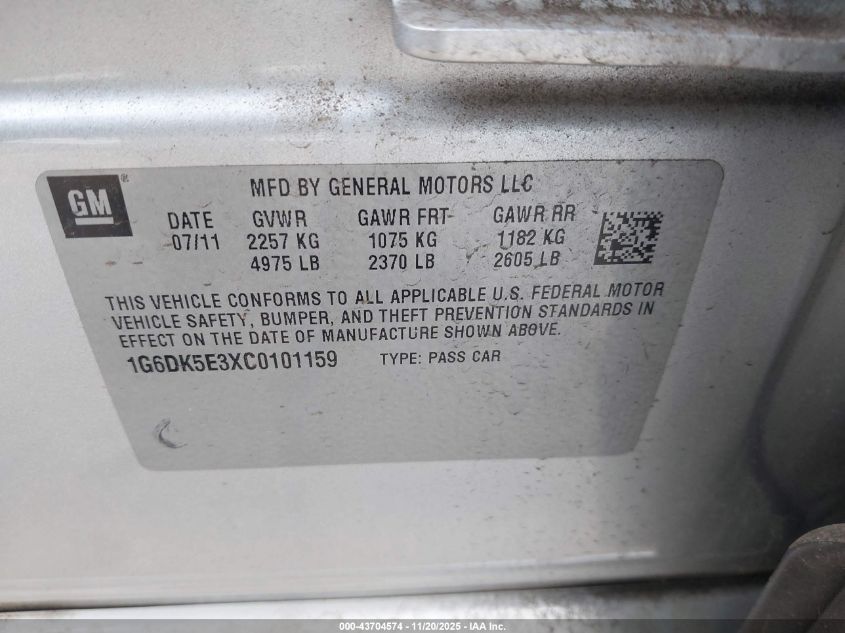 2012 Cadillac Cts Performance VIN: 1G6DK5E3XC0101159 Lot: 43704574