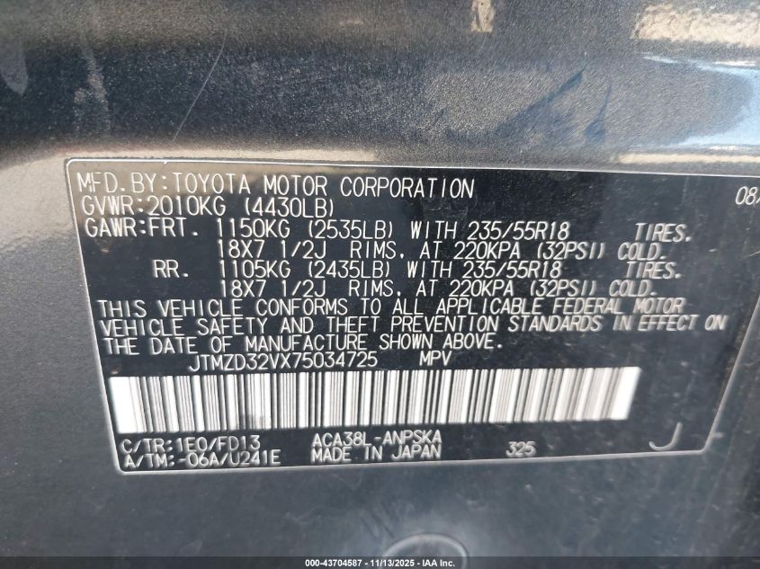 2007 Toyota Rav4 Sport VIN: JTMZD32VX75034725 Lot: 43704587