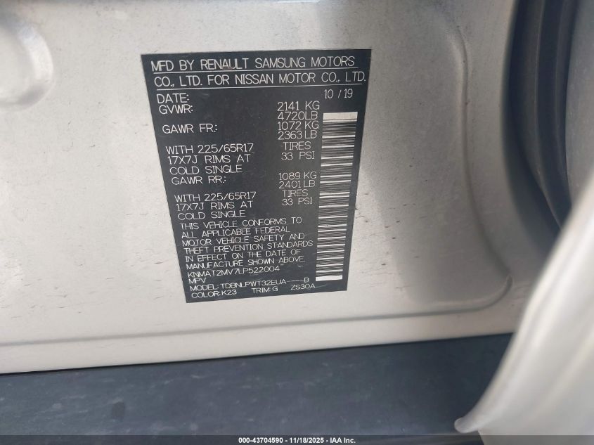 2020 Nissan Rogue S Intelligent Awd VIN: KNMAT2MV7LP522004 Lot: 43704590